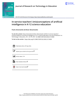 引用本文：Pavlo Antonenko & Brian Abramowitz (2023) 在职教师对 K-12 科学教育中人工智能的（误）概念，教育技术研究杂志，55:1, 64-78，DOI：10.1080/15391523.2022.2119450